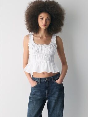 Aritzia Sunday Best Helena Poplin Lined Smocked Ruffle Tank Top in Bright White